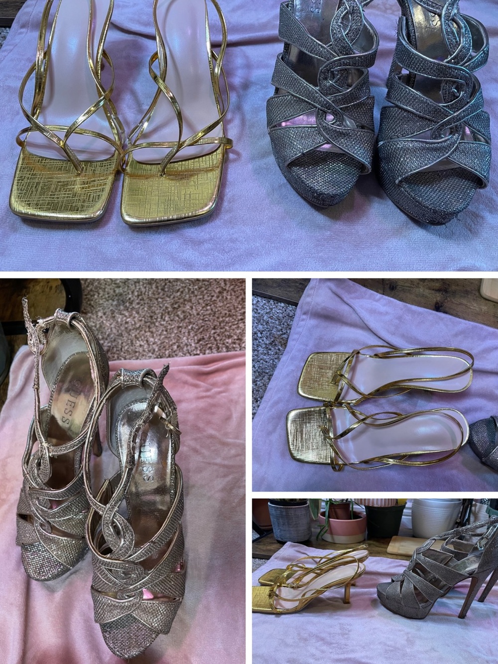 Guess Gold Strappy Square-Toe Heeled Sandals